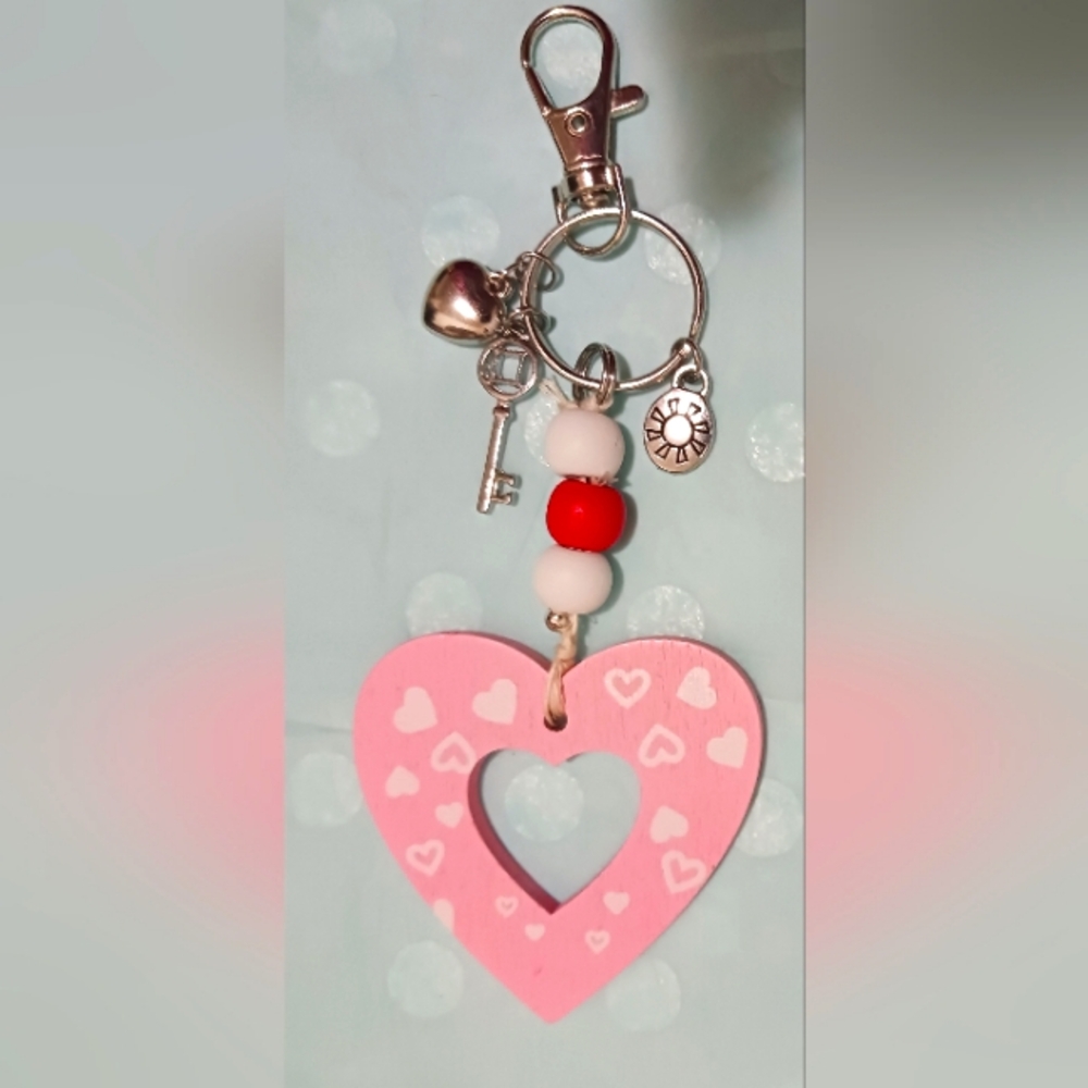 Pink 👍Heart Keychain/BAG Charm with Red and White Beads